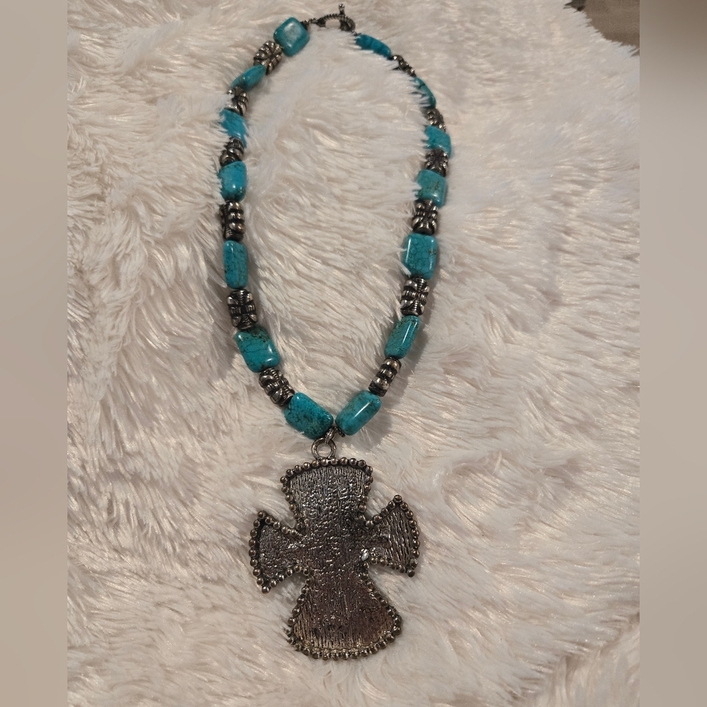 Large Chunky Cross With Turquoise Accents Necklace Toggle Clasp
